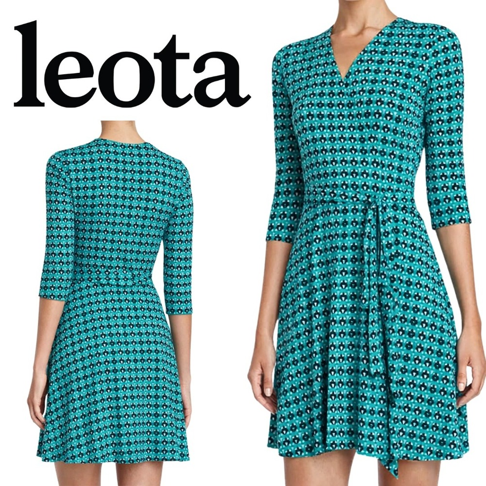 Leota, Compass Rose Faux Wrap Dress Teal Black Geometric Print‎ Belt Size Large
